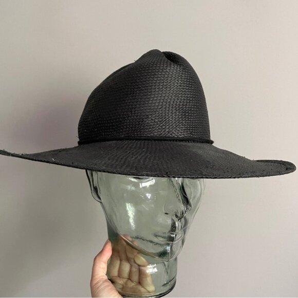 Vintage Black Straw Large Brimmed Hat w/ Pinched Crown - Picture 2 of 7